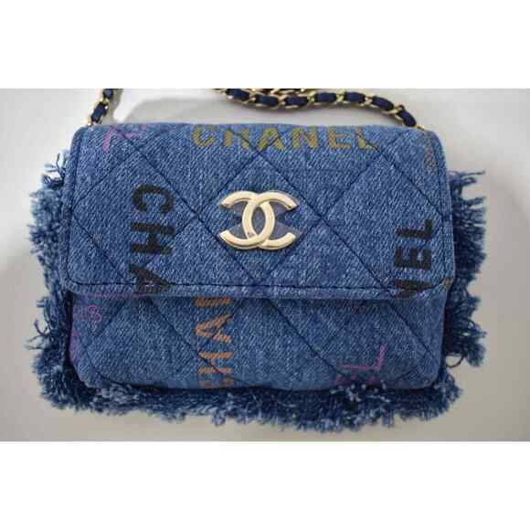 Chanel 22P Blue Denim Graffiti CC Logo Shoulder Crossbody Clutch Credit Card Bag - Picture 6 of 12